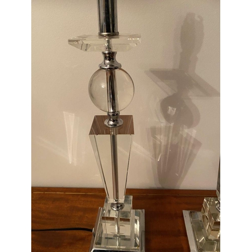 125 - A PAIR OF CHROME & GLASS LAMPS, in working order. Nice design with tapered glass body on square step... 