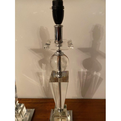 125 - A PAIR OF CHROME & GLASS LAMPS, in working order. Nice design with tapered glass body on square step... 