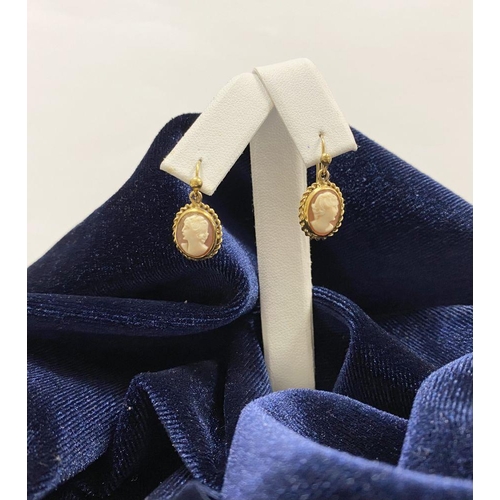 128 - A PAIR OF 9CT YELLOW GOLD CAMEO DROP EARRINGS, finely carved oval cameos within rope bordered 9ct ye... 