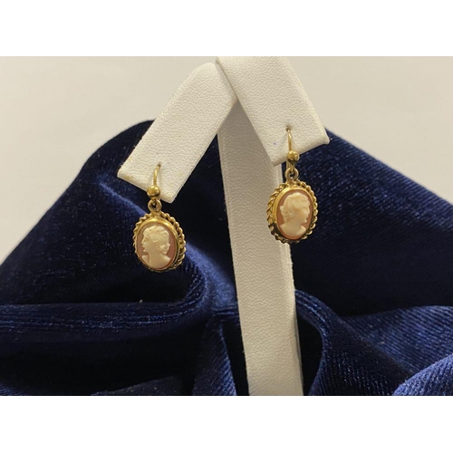 128 - A PAIR OF 9CT YELLOW GOLD CAMEO DROP EARRINGS, finely carved oval cameos within rope bordered 9ct ye... 