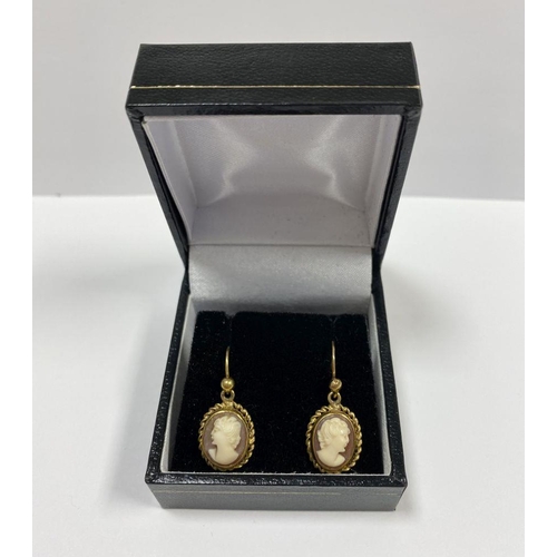 128 - A PAIR OF 9CT YELLOW GOLD CAMEO DROP EARRINGS, finely carved oval cameos within rope bordered 9ct ye... 