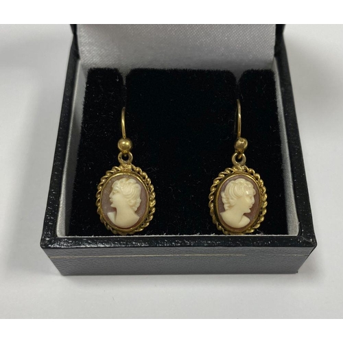 128 - A PAIR OF 9CT YELLOW GOLD CAMEO DROP EARRINGS, finely carved oval cameos within rope bordered 9ct ye... 