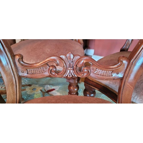 131 - A SET OF SIX VERY GOOD CLOVER SHAPED BALLOON BACKED DINING ROOM CHAIRS, each with a curved back deco... 