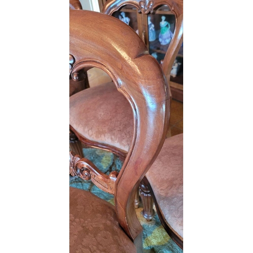 131 - A SET OF SIX VERY GOOD CLOVER SHAPED BALLOON BACKED DINING ROOM CHAIRS, each with a curved back deco... 