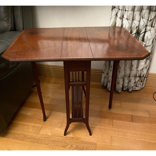 138 - AN INLAID DROP LEAF MAHOGANY SUTHERLAND TABLE, nice inlaid border to shaped top, dimensions: with le... 