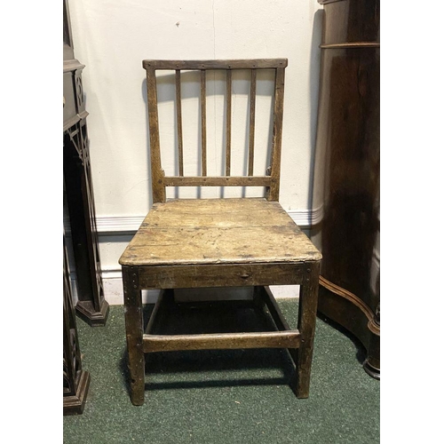 149 - A VINTAGE PROVINCIAL STYLE OAK DINING CHAIR, with four bar slatted back, straight legs joined by cro... 