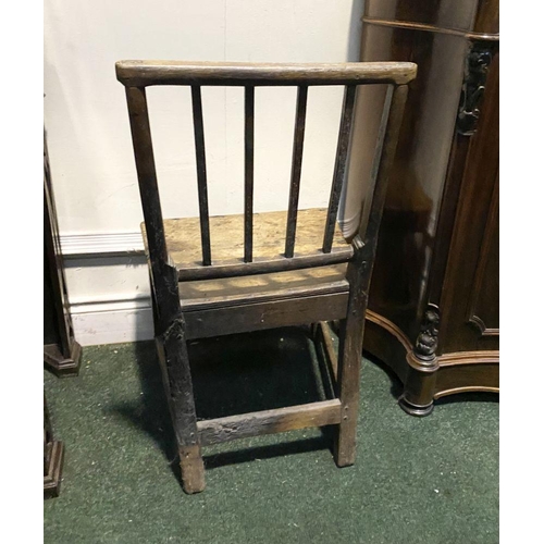 149 - A VINTAGE PROVINCIAL STYLE OAK DINING CHAIR, with four bar slatted back, straight legs joined by cro... 