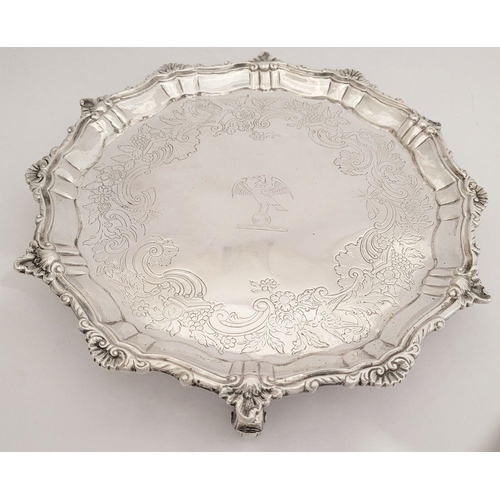 15 - A LARGE IRISH GEORGE III CORK SILVER SALVER, with scalloped raised edge decorated with scrolling fol... 