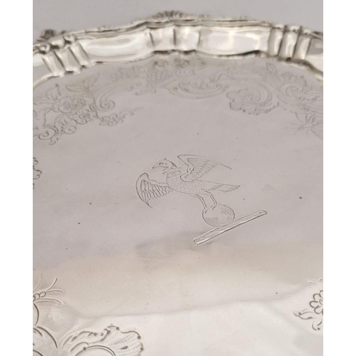 15 - A LARGE IRISH GEORGE III CORK SILVER SALVER, with scalloped raised edge decorated with scrolling fol... 