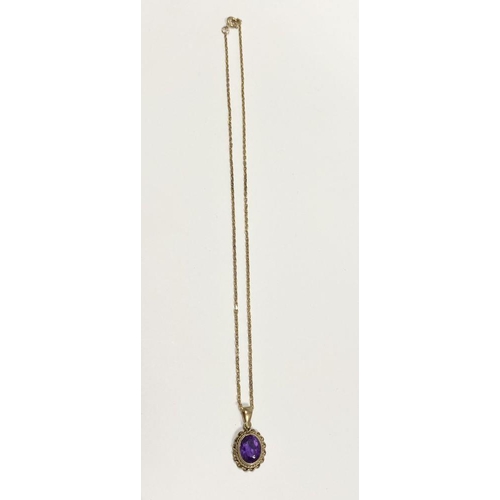 154 - A 9CT YELLOW GOLD AMETHYST PENDANT NECKLACE, with oval cut amethyst within double rope bordered 9ct ... 