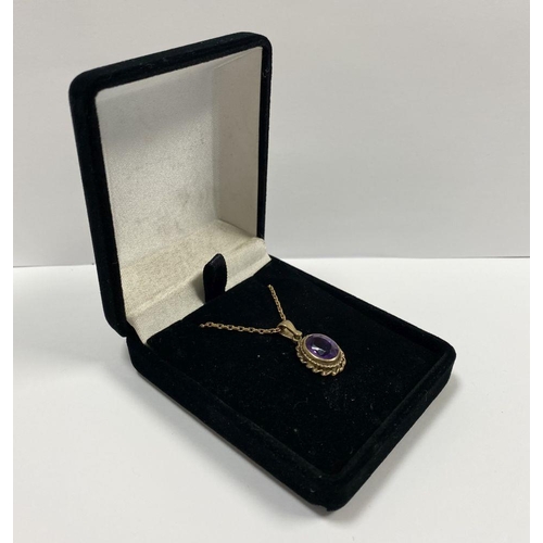 154 - A 9CT YELLOW GOLD AMETHYST PENDANT NECKLACE, with oval cut amethyst within double rope bordered 9ct ... 