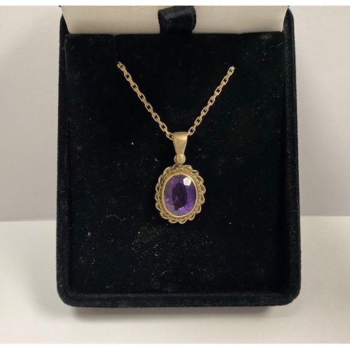 154 - A 9CT YELLOW GOLD AMETHYST PENDANT NECKLACE, with oval cut amethyst within double rope bordered 9ct ... 