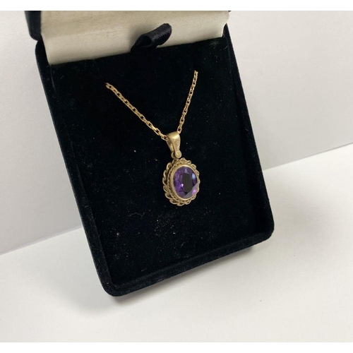 154 - A 9CT YELLOW GOLD AMETHYST PENDANT NECKLACE, with oval cut amethyst within double rope bordered 9ct ... 