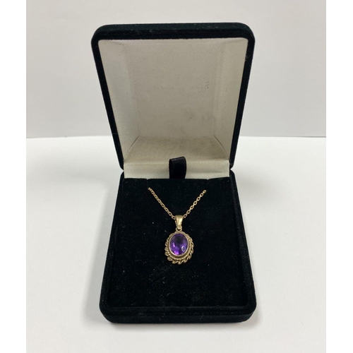 154 - A 9CT YELLOW GOLD AMETHYST PENDANT NECKLACE, with oval cut amethyst within double rope bordered 9ct ... 