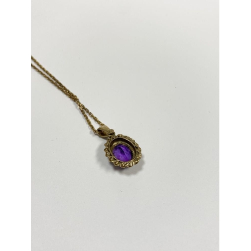 154 - A 9CT YELLOW GOLD AMETHYST PENDANT NECKLACE, with oval cut amethyst within double rope bordered 9ct ... 