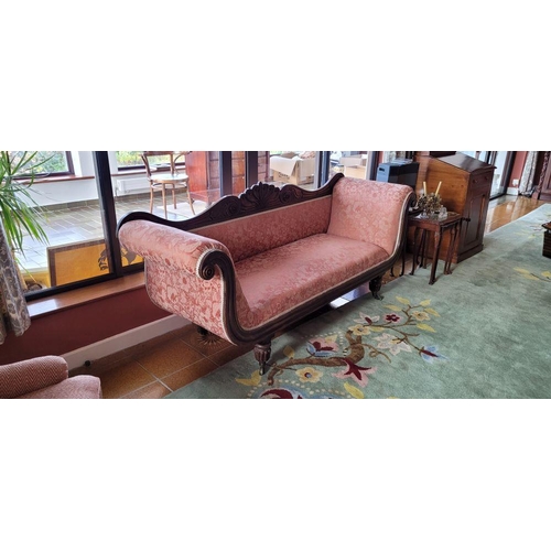 161 - A GOOD QUALITY VICTORIAN MAHOGANY SCROLL ARMED SETTEE, with a beautifully carved camel shaped back r... 