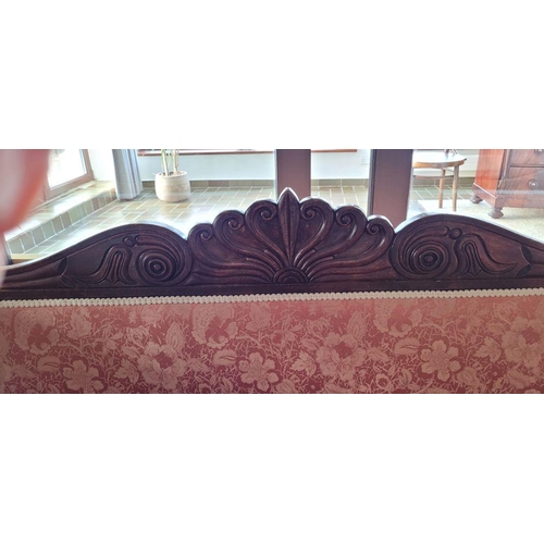 161 - A GOOD QUALITY VICTORIAN MAHOGANY SCROLL ARMED SETTEE, with a beautifully carved camel shaped back r... 