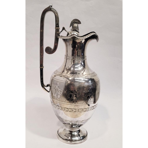 169 - A VERY GOOD 19TH CENTURY SILVER PLATED EWER JUG, decorated with a central band of Roman warrior-like... 