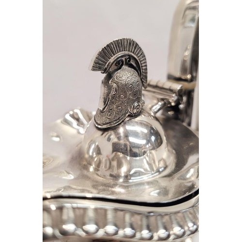 169 - A VERY GOOD 19TH CENTURY SILVER PLATED EWER JUG, decorated with a central band of Roman warrior-like... 