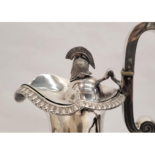 169 - A VERY GOOD 19TH CENTURY SILVER PLATED EWER JUG, decorated with a central band of Roman warrior-like... 