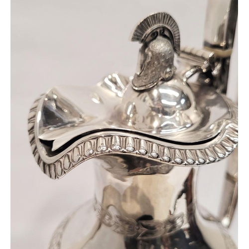 169 - A VERY GOOD 19TH CENTURY SILVER PLATED EWER JUG, decorated with a central band of Roman warrior-like... 