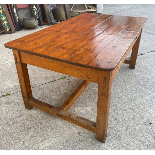 175 - AN EARLY PLANK TOP REFECTORY DINING/WORK TABLE, excellent plank top raised on straight leg joined by... 