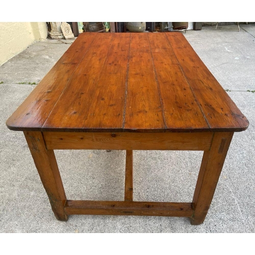 175 - AN EARLY PLANK TOP REFECTORY DINING/WORK TABLE, excellent plank top raised on straight leg joined by... 