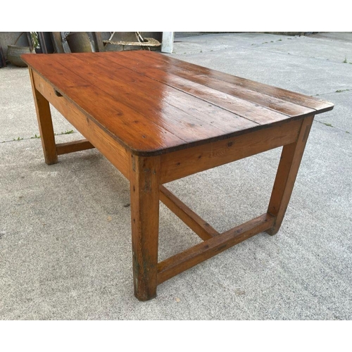 175 - AN EARLY PLANK TOP REFECTORY DINING/WORK TABLE, excellent plank top raised on straight leg joined by... 