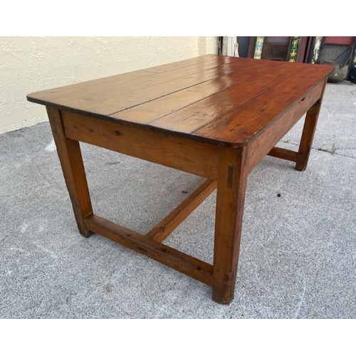 175 - AN EARLY PLANK TOP REFECTORY DINING/WORK TABLE, excellent plank top raised on straight leg joined by... 