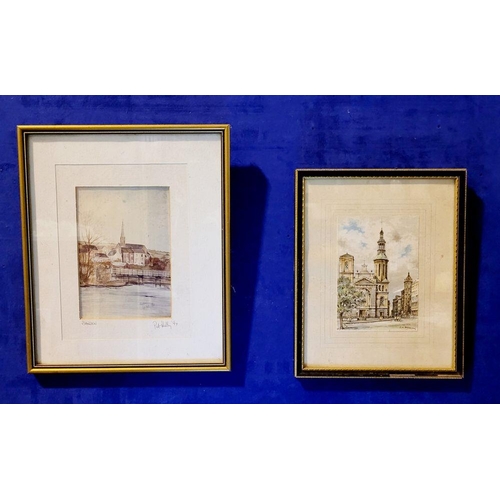 184 - TWO FRAMED PRINTS: (i) PAT KELLY, (IRISH 20TH CENTURY), BANDON, frame: 32 x 26cm, (ii) G.A. DUMARAIS... 