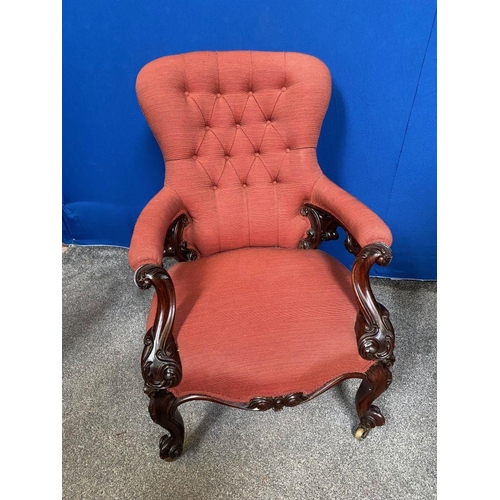 192 - AN EXCELLENT ROSEWOOD VICTORIAN ARMCHAIR, with button back upholstery, upholstered to armrests and s... 