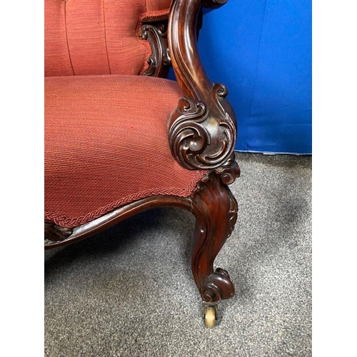 192 - AN EXCELLENT ROSEWOOD VICTORIAN ARMCHAIR, with button back upholstery, upholstered to armrests and s... 