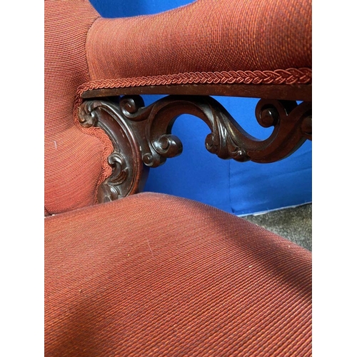 192 - AN EXCELLENT ROSEWOOD VICTORIAN ARMCHAIR, with button back upholstery, upholstered to armrests and s... 