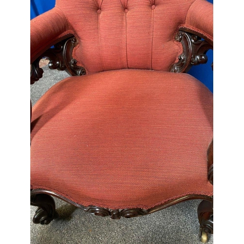 192 - AN EXCELLENT ROSEWOOD VICTORIAN ARMCHAIR, with button back upholstery, upholstered to armrests and s... 