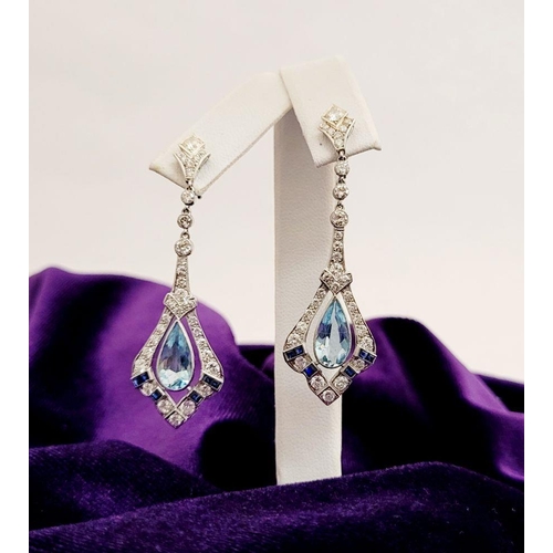 20 - A GORGEOUS PAIR OF ART DECO DIAMOND, AQUAMARINE & SAPPHIRE DROP EARRINGS, this pair really are stunn... 