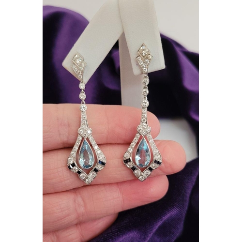 20 - A GORGEOUS PAIR OF ART DECO DIAMOND, AQUAMARINE & SAPPHIRE DROP EARRINGS, this pair really are stunn... 