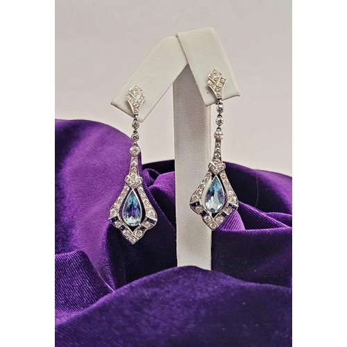 20 - A GORGEOUS PAIR OF ART DECO DIAMOND, AQUAMARINE & SAPPHIRE DROP EARRINGS, this pair really are stunn... 