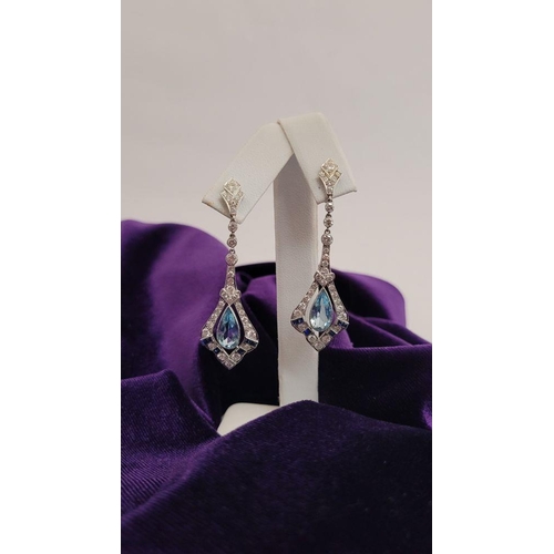 20 - A GORGEOUS PAIR OF ART DECO DIAMOND, AQUAMARINE & SAPPHIRE DROP EARRINGS, this pair really are stunn... 