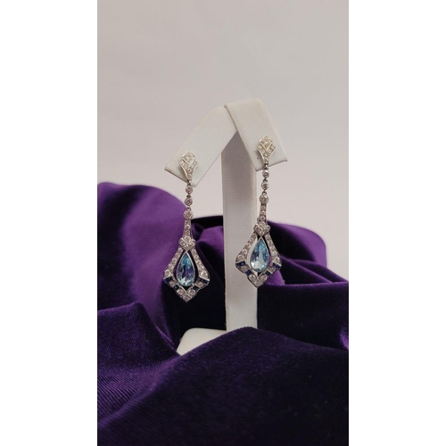 20 - A GORGEOUS PAIR OF ART DECO DIAMOND, AQUAMARINE & SAPPHIRE DROP EARRINGS, this pair really are stunn... 