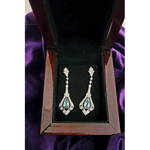 20 - A GORGEOUS PAIR OF ART DECO DIAMOND, AQUAMARINE & SAPPHIRE DROP EARRINGS, this pair really are stunn... 