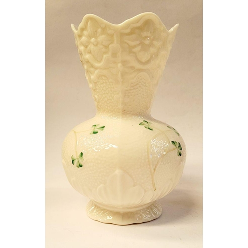 203 - TWO VINTAGE IRISH PORCELAIN PIECES: (i) A beautiful Belleek shamrock vase, with foliage & floral rai... 