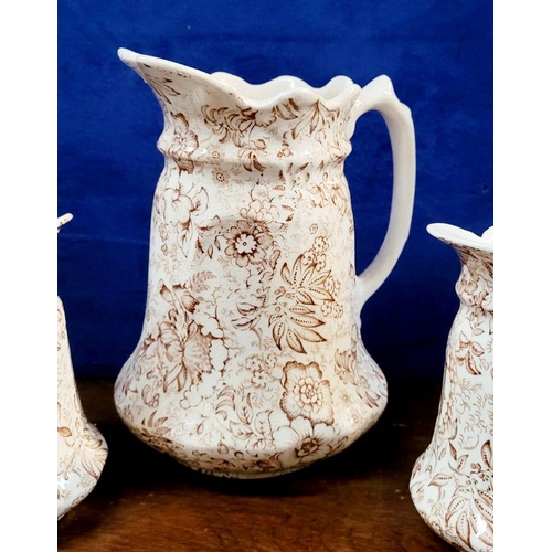 208 - A TRIO OF JAMES KENT ‘OLD FOLEY’ STAFFORDSHIRE ‘16TH CENTURY CHINTZ’ JUGS, one tall just and two sho... 