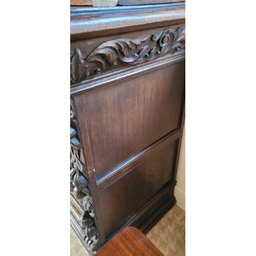 22 - A VERY FINE & LARGE FRENCH CARVED OAK STAINED GLAZED HUNT SIDEBOARD CABINET, circa 1800s, with a car... 