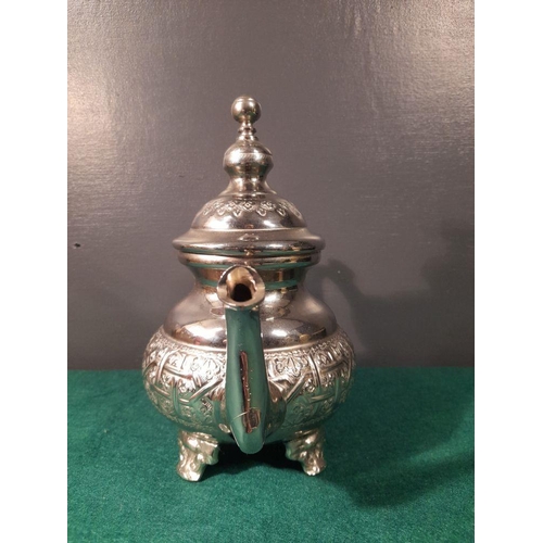 232 - A VERY NICE VINTAGE MOROCCAN BRASS TEAPOT, with silver alloy plate. The cover with large finial and ... 