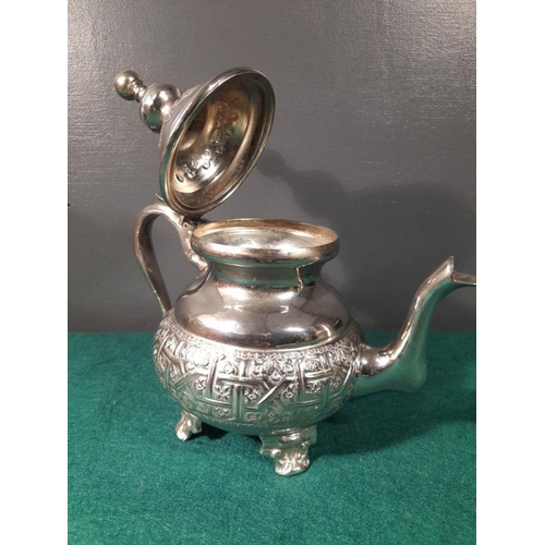 232 - A VERY NICE VINTAGE MOROCCAN BRASS TEAPOT, with silver alloy plate. The cover with large finial and ... 