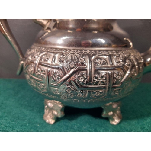 232 - A VERY NICE VINTAGE MOROCCAN BRASS TEAPOT, with silver alloy plate. The cover with large finial and ... 