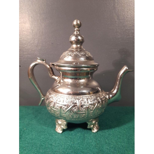 232 - A VERY NICE VINTAGE MOROCCAN BRASS TEAPOT, with silver alloy plate. The cover with large finial and ... 