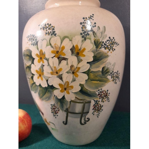 236 - A VINTAGE DECORATIVE LARGE HAND PAINTED CERAMIC VASE, painted with floral bouquet to front and rever... 