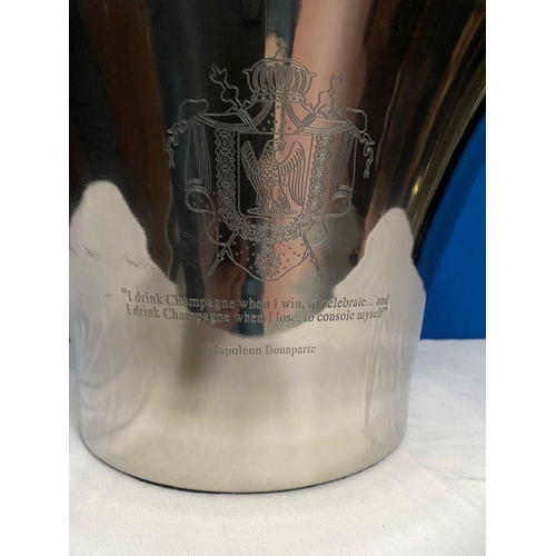 239 - A CHROME CHAMPAGNE/WINE BUCKET, features engraved family coat of arms and Napoleon Bonaparte quote t... 