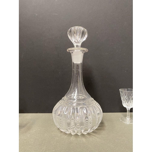 244 - A CUT GLASS DECANTER ALONG WITH SIX PORT/SHERRY GLASSES, the decanter of shaft and globe form with f... 